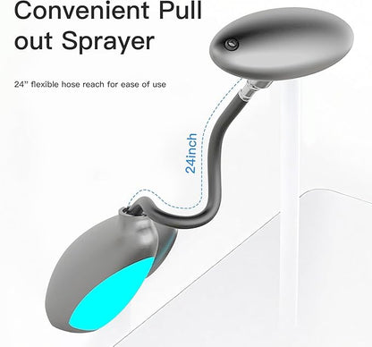 Smart Bathroom Faucet with Pull-Out Sprayer, 4 Modes Bathroom Faucet Waterfall Fountain, 360° Rotating Spout, Single Hole Modern Vanity Tap, Temperature-Sensing LED Lights (Grey)