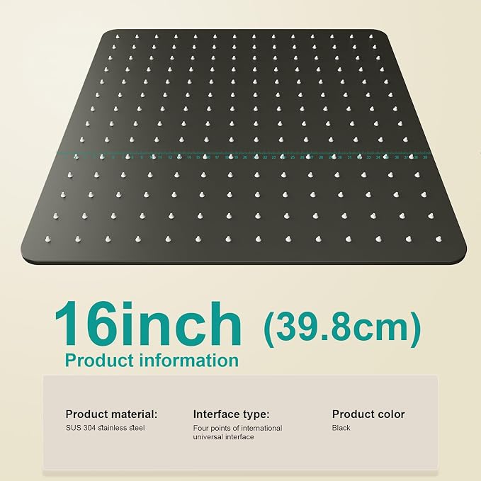 Square Rain Shower Head, High Flow Stainless Steel,Work with any decorative style，All Metal Rainfall Shower Head (Matte Black, 16)