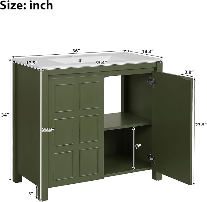 36" Bathroom Vanity,Farmhouse Vanity with Ceramic Sink, Set Bathroom Storage Cabinet, Olive Green