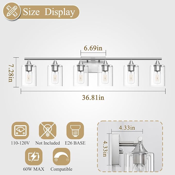6-Light Bathroom Lighting Fixtures Over Mirror,Brushed Nickel Light Fixture Bathroom,Vanity Light with Clear Glass Shade,Modern Wall Lights for Mirror Bedroom Living Hallway