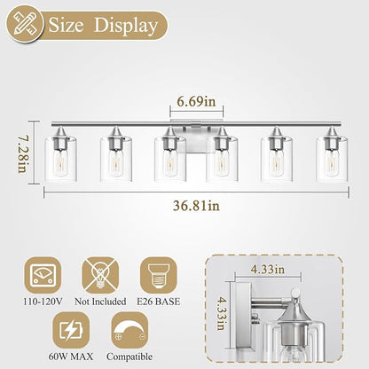 6-Light Bathroom Lighting Fixtures Over Mirror,Brushed Nickel Light Fixture Bathroom,Vanity Light with Clear Glass Shade,Modern Wall Lights for Mirror Bedroom Living Hallway