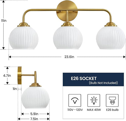 RUIYEY Bathroom Vanity Light Fixtures: 3-Lights Lantern Gold Vanity Lights for Bathroom, 23.6 Inch E26 60W Modern Bathroom Lighting Fixture with Milky White Glass for Bath Restroom