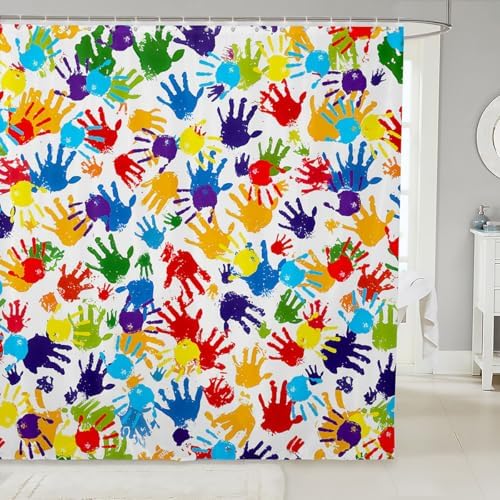 Feelyou Cute Handprint Shower Curtain Kids Boys Girls Watercolor Rainbow Bathroom Waterproof Accessories with 12 Hooks 72x72 Inches Modern Colorful Hand Shapes Abstract Decoration