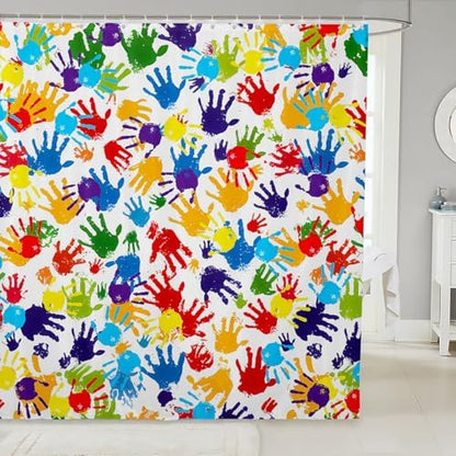 Feelyou Cute Handprint Shower Curtain Kids Boys Girls Watercolor Rainbow Bathroom Waterproof Accessories with 12 Hooks 72x72 Inches Modern Colorful Hand Shapes Abstract Decoration