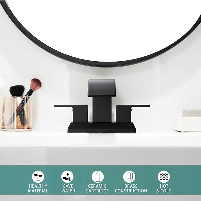 Hoimpro 3 Holes 4 Inch Bathroom Faucet,4" Centerset Vanity Waterfall Bathroom Sink Faucet 2 Hole Two Handles cUPC Supply Hoses Pop Up Drain Matte Black