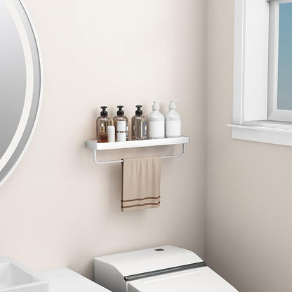 20 Inch Long Floating Bathroom Shelf with Towel Bar, Clear Tempered Glass Wall Shelf for Bathroom Storage Organizer, Matte Silver