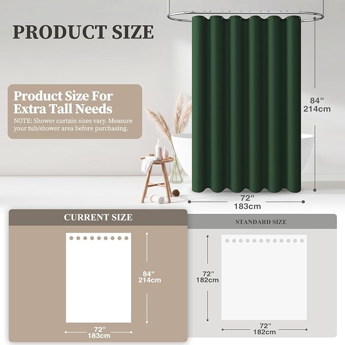 Long Linen Textured Waterproof Shower Curtain, 72x84, Emerald Green | Tall Size, 230GSM Polyester, Heavy Duty Cloth, Weighted Hem, 12 Plastic Hooks, Modern Luxury Hotel Style, Machine Washable