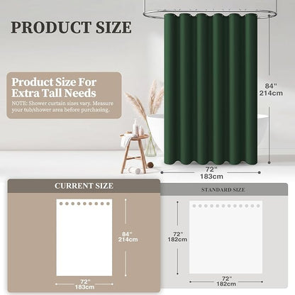 Long Linen Textured Waterproof Shower Curtain, 72x84, Emerald Green | Tall Size, 230GSM Polyester, Heavy Duty Cloth, Weighted Hem, 12 Plastic Hooks, Modern Luxury Hotel Style, Machine Washable