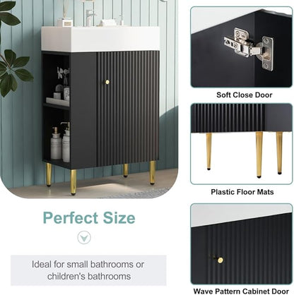 22" Small Bathroom Vanity with Sink, Morden Bathroom Vanities with Soft-Close Door and Open Shelf, Freestanding Narrow Vanity for Compact Space-Saving Bathrooms (Black,22" Freestanding Left Shelf)