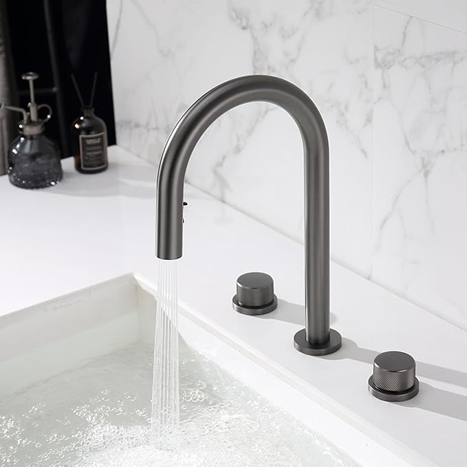 3 Hole Pull Out Faucet for Bathroom Sink Gooseneck Restroom Faucet Hot and Cold,Gun Gray