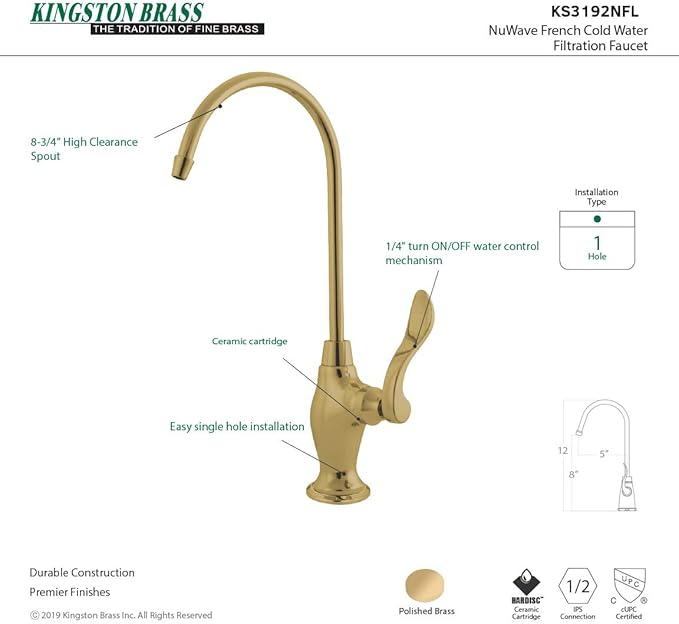 Kingston Brass Gourmetier KS3192NFL Nuwave French Single Handle Water Filtration Faucet, Polished Brass