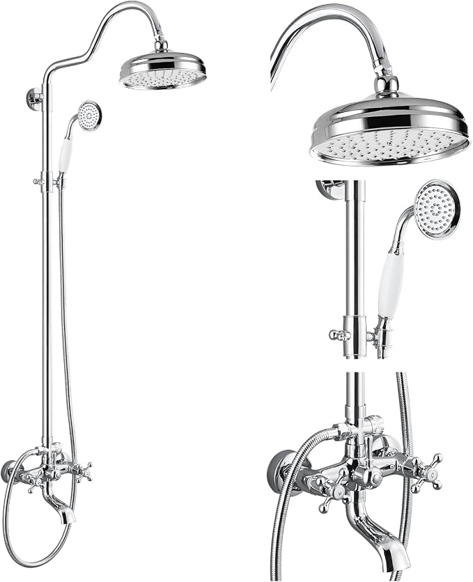 gotonovo Exposed Bathroom Shower System Two Cross Handle Polished Chrome | Vintage Brass Tub Shower Faucet Set,8’’ Rain Head with Handheld Spray,Swivel Tub Spout,6’’ Hole Distance,Adjustable Height
