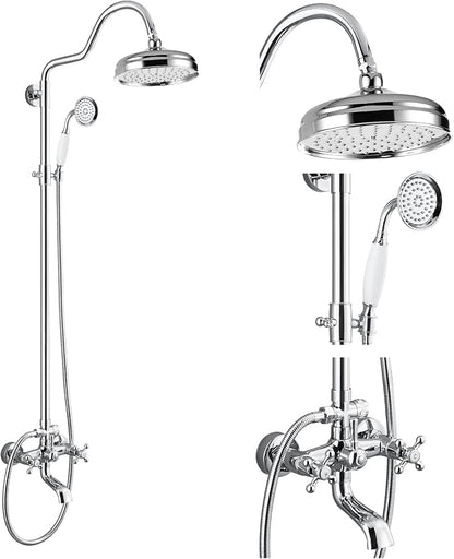 gotonovo Exposed Bathroom Shower System Two Cross Handle Polished Chrome | Vintage Brass Tub Shower Faucet Set,8’’ Rain Head with Handheld Spray,Swivel Tub Spout,6’’ Hole Distance,Adjustable Height