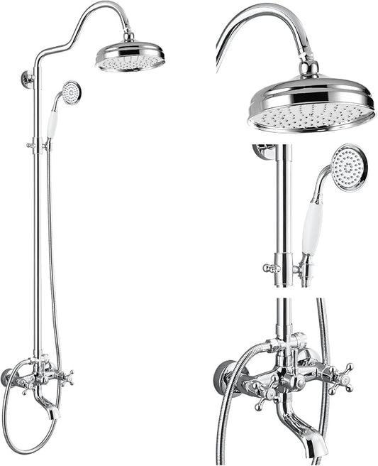gotonovo Exposed Bathroom Shower System Two Cross Handle Polished Chrome | Vintage Brass Tub Shower Faucet Set,8’’ Rain Head with Handheld Spray,Swivel Tub Spout,6’’ Hole Distance,Adjustable Height