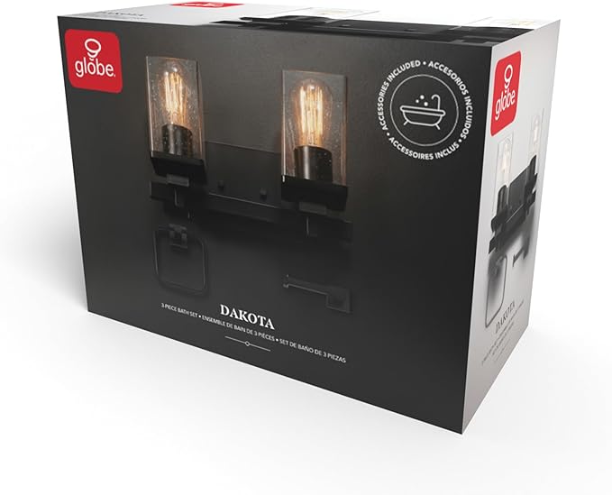 Globe Electric 63000101 3-Piece Powder Room Set, Matte Black, 13" 2-Light Vanity Fixture, Seeded Glass Shades, Towel Ring, Toilet Paper Holder, Bathroom Decor, Lighting Over Mirror, Home Essentials