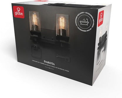 Globe Electric 63000101 3-Piece Powder Room Set, Matte Black, 13" 2-Light Vanity Fixture, Seeded Glass Shades, Towel Ring, Toilet Paper Holder, Bathroom Decor, Lighting Over Mirror, Home Essentials