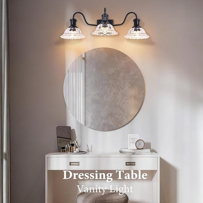 Vintage Bathroom Light Fixtures, 3-Light Matte Black Vanity Light with Flower Glass Shade, Bathroom Lighting Fixtures Over Mirror for Bedroom, Dressing Table