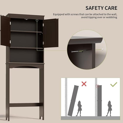Gizoon Over the Toilet Storage Cabinet with Adjustable Shelf, Espresso | Bathroom Space Saver Organizer Above Toilet with Open Shelf and Double Doors, Taller Wooden Free Standing Toilet Rack