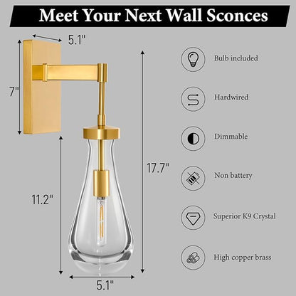 Raindrop Brass Crystal Wall Sconce: Clear Solid Indoor Sconces with Bulbs - Dimmable Vanity Lamp - Luxury Modern Gold Light Fixtures for Bedroom Living Room Bathroom Hallway Bedside Lighting