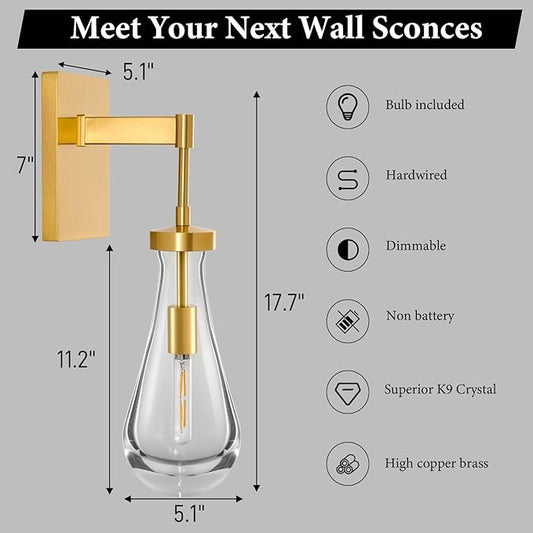 Raindrop Brass Crystal Wall Sconce: Clear Solid Indoor Sconces with Bulbs - Dimmable Vanity Lamp - Luxury Modern Gold Light Fixtures for Bedroom Living Room Bathroom Hallway Bedside Lighting