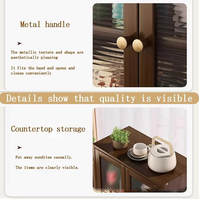 Brown Bamboo Countertop Cabinet Ribbed Glass Doors Adjustable Inner Shelves | 14.6"W×6.7"D×18.1"H magnetic double door cabinet,removable partition,for perfume essential oil kitchen pantry display storage