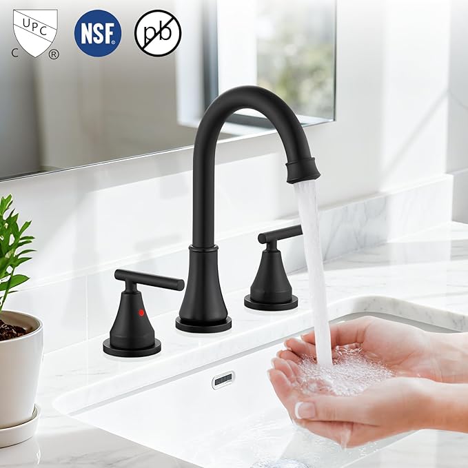 Widespread Bathroom Faucet 3 Hole, 8 inch Bathroom Sink Faucet with Pop-up Drain and Supply Lines, Two Handles, Stainless Steel, Matte Black