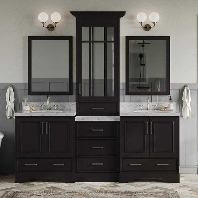 ARIEL Stafford 84-inch Bathroom Vanity with Sink,Solid Wood, 1.5-inch Italian Carrara Marble Countertop & Backsplash, Double Oval Porcelain Sink, 5 Soft Closing Doors, 6 Dovetail Drawers, Espresso