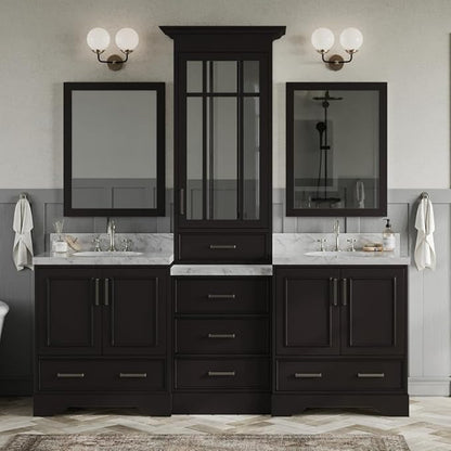 ARIEL Stafford 84-inch Bathroom Vanity with Sink,Solid Wood, 1.5-inch Italian Carrara Marble Countertop & Backsplash, Double Oval Porcelain Sink, 5 Soft Closing Doors, 6 Dovetail Drawers, Espresso
