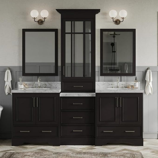 ARIEL Stafford 84-inch Bathroom Vanity with Sink,Solid Wood, 1.5-inch Italian Carrara Marble Countertop & Backsplash, Double Oval Porcelain Sink, 5 Soft Closing Doors, 6 Dovetail Drawers, Espresso