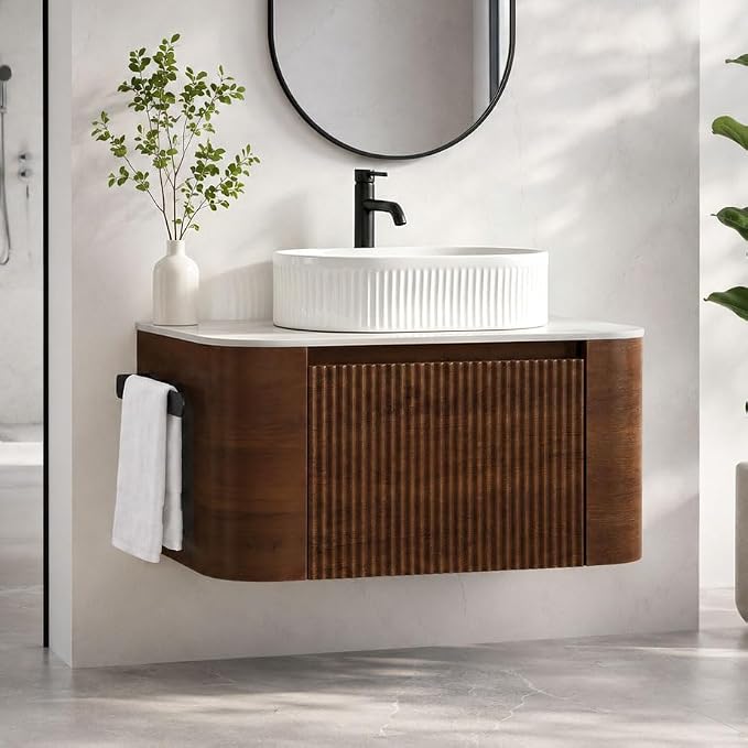 30" Preassembled Floating Bathroom Vanity with White Sink, Walnut | Mid-Century Modern Style, Fluted & Soft-Close Drawer with U-shaped Wall, Sinterted Stone Countertop, Towel Rack Included