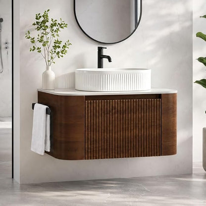 30" Preassembled Floating Bathroom Vanity with White Sink, Walnut | Mid-Century Modern Style, Fluted & Soft-Close Drawer with U-shaped Wall, Sinterted Stone Countertop, Towel Rack Included