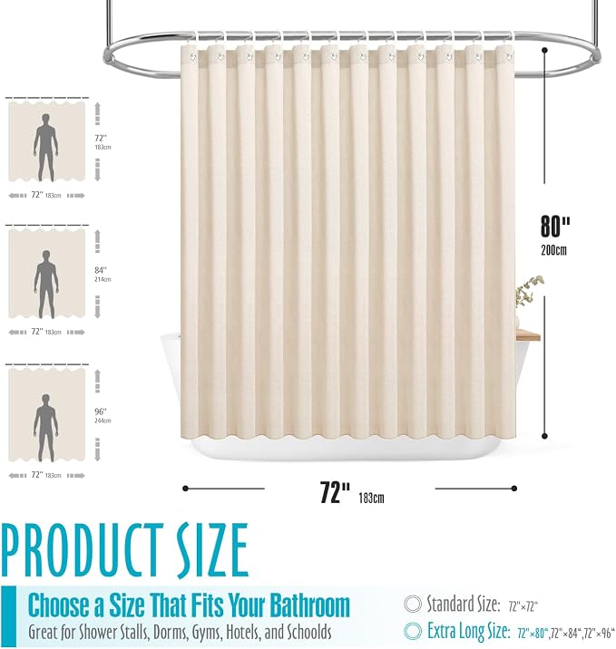Ga-Geetopia Extra Long Linen Textured Shower Curtain Set with Hooks, Beige Boho Farmhouse Bath Shower Curtains for Bathroom Neutral Cloth, Hotel Luxury, Weighted, 72W x 80L, Cream