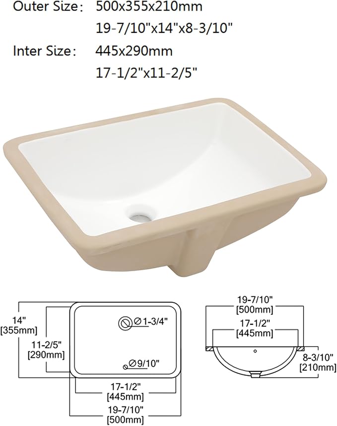 Dcolora Undermount Bathroom Sink Rectangle 19"x14" White Porcelain Ceramic Rectangular Vessel Sink Under Counter Lavatory Vanity Bath Sink Bowl Basin With Overflow