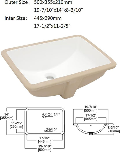 Dcolora Undermount Bathroom Sink Rectangle 19"x14" White Porcelain Ceramic Rectangular Vessel Sink Under Counter Lavatory Vanity Bath Sink Bowl Basin With Overflow