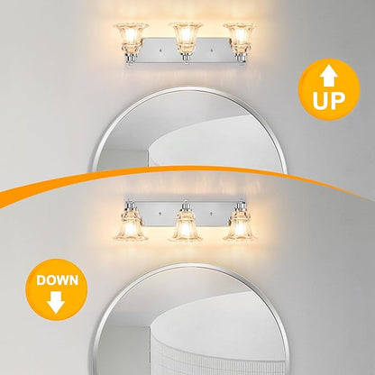 Vintage 3-Light Bathroom Vanity Light, Chrome Bathroom Light Fixtures with Floral Clear Glass Shades, Antique Wall Sconce Fixtures for Dressing Table, Bedroom