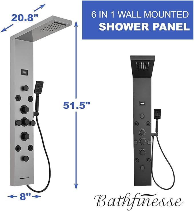 Shower Panel Rain Massage System with Adjustable Body Jets Mist Spray 6 in 1 Functions, Wall-Mount Shower Column Bathroom Shower Panel Tower System, Brushed Nickel and Black