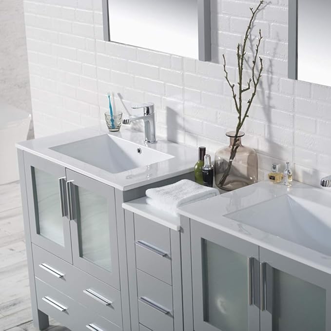 Blossom 72" Solid Wood Double Sink Bathroom Vanity with Side Cabinet | Metal Grey Master Bath Furniture | Anti-Warp Painted Finish, Soft-Close Full Extension Drawers & Tempered Glass Modern Style