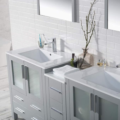 Blossom 72" Solid Wood Double Sink Bathroom Vanity with Side Cabinet | Metal Grey Master Bath Furniture | Anti-Warp Painted Finish, Soft-Close Full Extension Drawers & Tempered Glass Modern Style