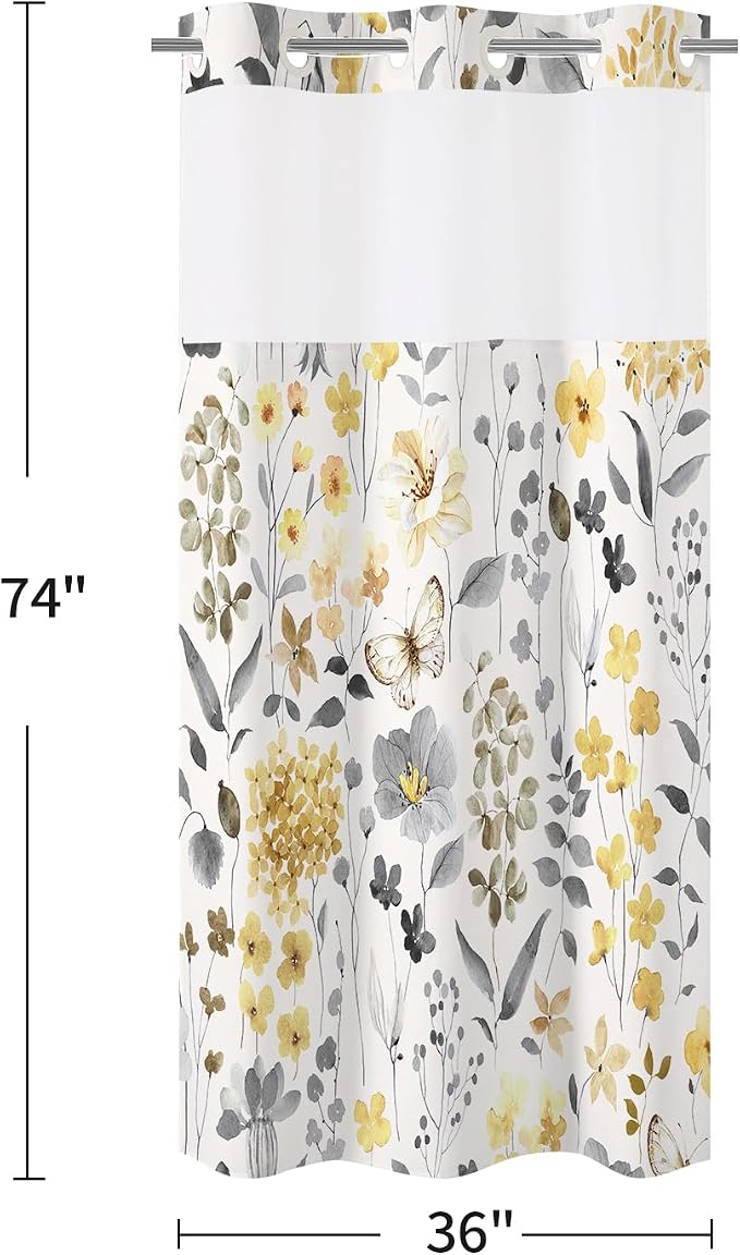 No Hook Yellow Watercolor Floral Shower Curtain and Liner Set, 36x74 | Spring Flower Shower Curtains with Snap-in Liner for Farmhouse Bathroom Decor, Botanical Bathroom Curtain with Leaves