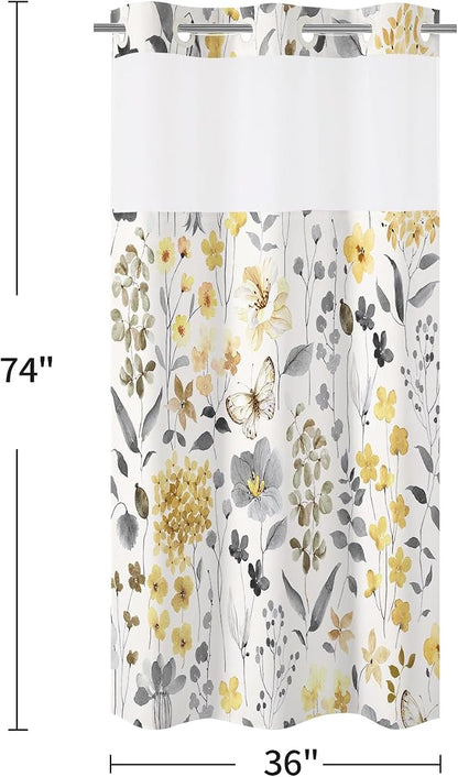 No Hook Yellow Watercolor Floral Shower Curtain and Liner Set, 36x74 | Spring Flower Shower Curtains with Snap-in Liner for Farmhouse Bathroom Decor, Botanical Bathroom Curtain with Leaves