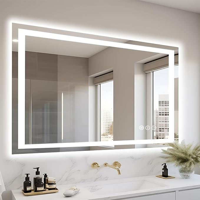 EchosLife 44"x30" Bathroom Light up Mirror, Double Bright Lights, Anti-Fog Vanity Mirror with Lights, Stepless Dimmable Illuminated Mirror, Touch Control, Waterproof (Horizontal/Vertical)