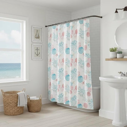 Serafina Home Coastal Fabric Shower Curtain for Bathroom: Coral Blue White Ocean Life Beach Shells Coral Sea Urchins Starfish Scallop Shells, 70" x 72" Inches, with 12 Rollerball Hooks