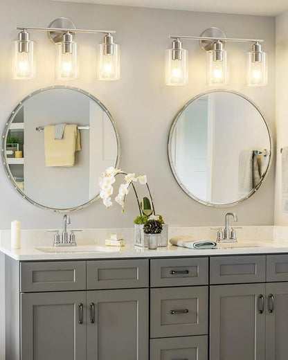 3-Light Bathroom Light Fixtures, Brushed Nickel Bathroom Vanity Lights, Bathroom Lighting Fixtures Over Mirror with Clear Glass Shade, Wall Sconce Light for Bedroom, Living Room and Hallway