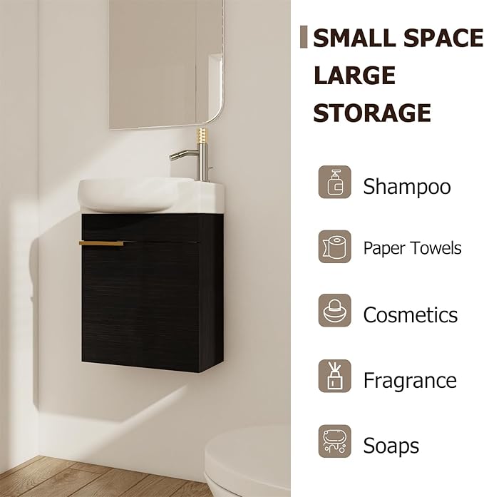 17'' Wall Mounted Bathroom Vanity Sink Combo for Small Space, Modern Bathroom Vanity Set with Ceramic Sink Top, Hanging Garage Vanities Compact Floating Small Cabinet for Bath Room, Black
