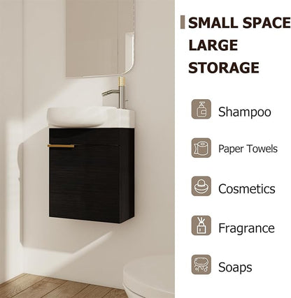 17'' Wall Mounted Bathroom Vanity Sink Combo for Small Space, Modern Bathroom Vanity Set with Ceramic Sink Top, Hanging Garage Vanities Compact Floating Small Cabinet for Bath Room, Black
