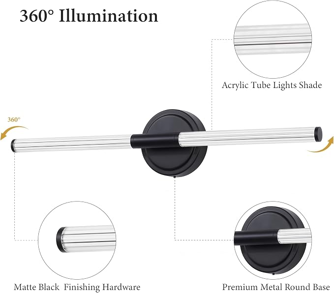 URSOLA 24" Modern LED Bathroom Light Fixtures, Matte Black 3CCT Dimmable Bathroom Vanity Light Over Mirror, Bathroom Vanity Bath Bar Lights with 360° Removable Acrylic Light Tube