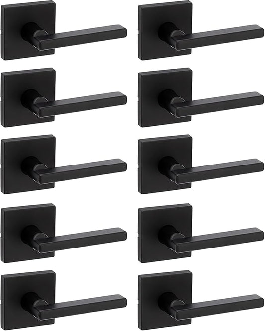 Kwikset Halifax Interior Passage Door Handle, Lever for Closet and Hallway Doors, Reversible Non-Locking Handle Lever, Matte Black, with Microban Protection, 10 Pack