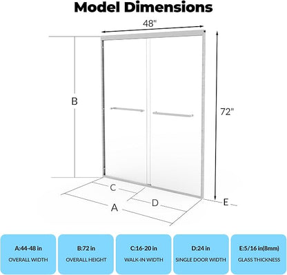 Sliding Shower Door, Aluminum Alloy Frame with 44-48" Adjustable Width x 72" Height, Features Double 6mm (1/4") Tempered Glass Panels, Silver Square Track, Space-Saving Bypass Design
