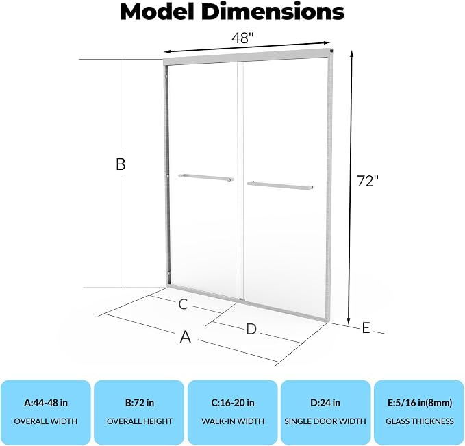 Double Sliding Shower Door 44-48 Inch W×72 Inch H – Brushed Silver Aluminum Frame Bypass Shower Door with 6mm Tempered Glass, Easy Clean Coating