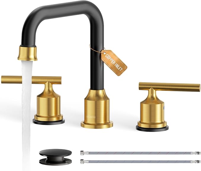 WOWOW Black Gold Bathroom Faucet 3 Hole, Widespread Vanity Sink Faucets | Copper Inlet 8 Inich Faucet for Bathroom Sink with Swivel Spout, 2 Handles Lavatory Tap with Drain and cUPC Supply Line